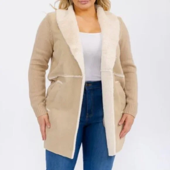 OnTwelfth Women’s Plus Size Open Front Faux Suede & Sherpa Lined Coat – Beige - Picture 9 of 12